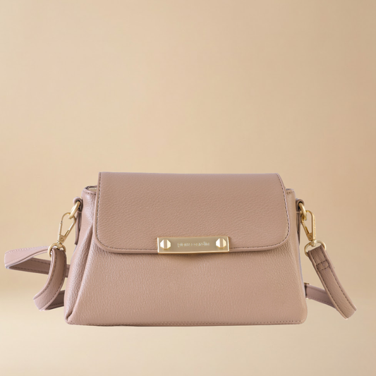 Pierre Cardin taupe pebbled leather crossbody handbag with a gold-tone metal logo plate - Skai Skai Malta