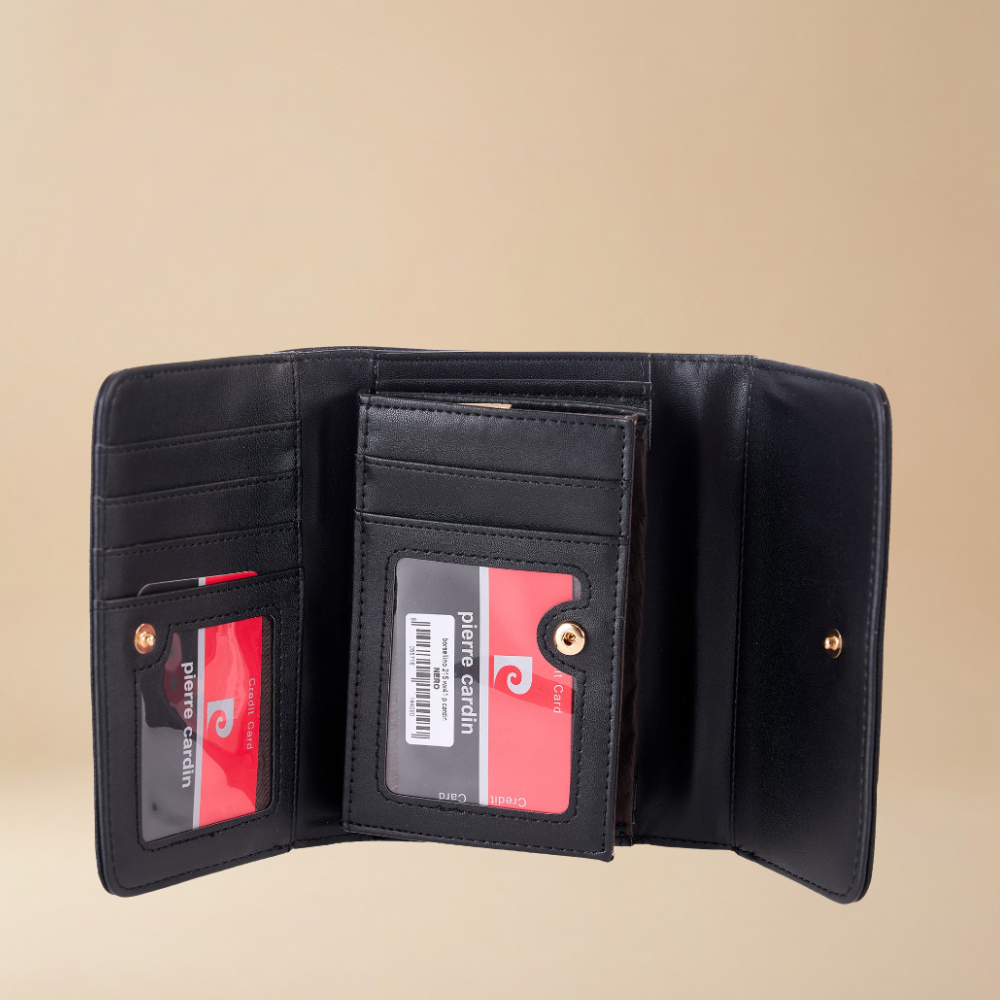 Pierre Cardin open black eco leather wallet with multiple card slots, a central ID window, and an ID holder - Skai Skai Malta