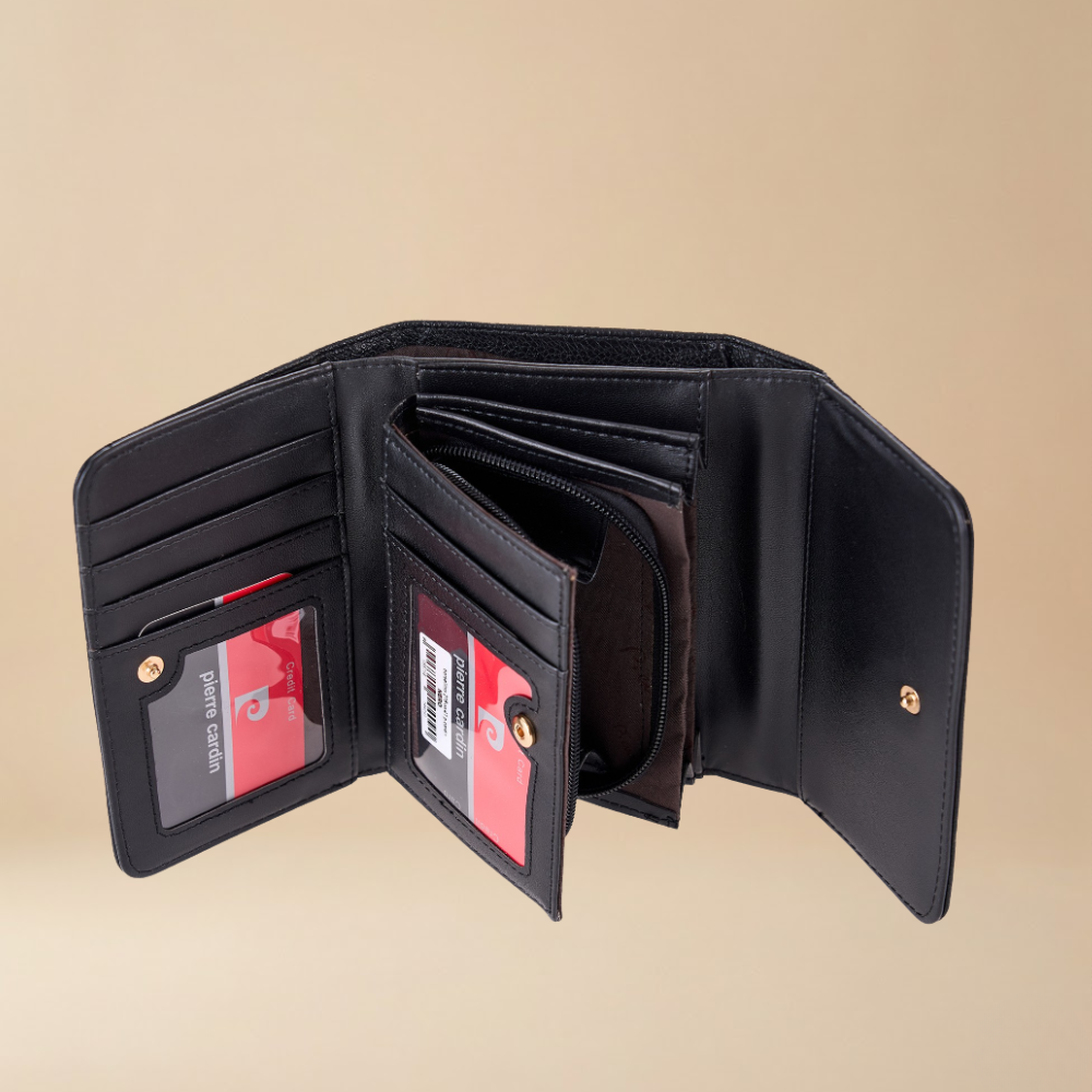 Pierre Cardin open black leather bifold wallet with multiple card slots, ID windows, and zippered compartments - Skai Skai Malta