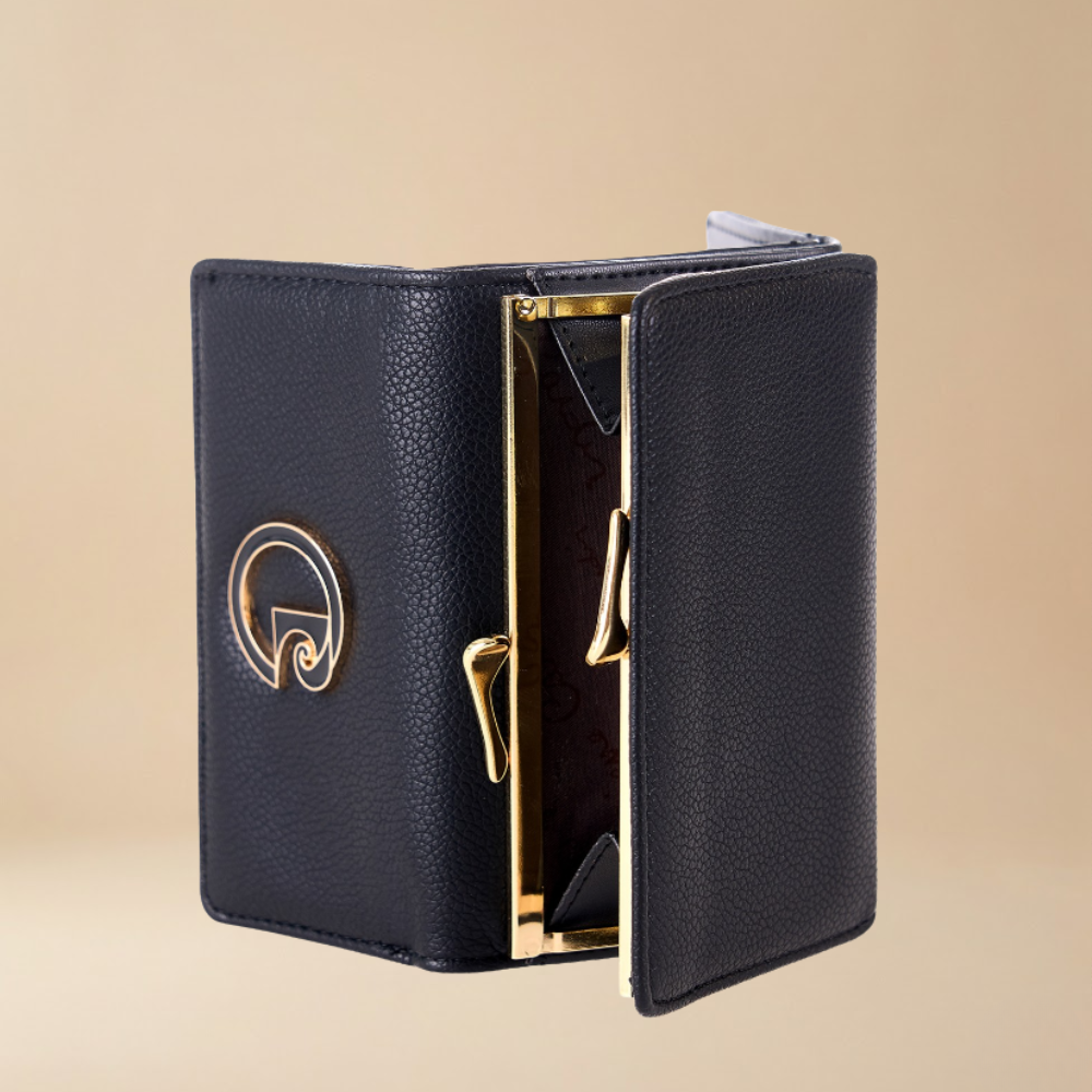 Pierre Cardin black pebbled leather bifold wallet with gold-tone hardware, shown open to reveal its interior - Skai Skai Malta