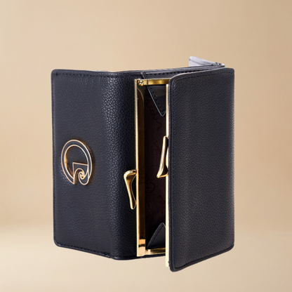 Pierre Cardin black pebbled leather bifold wallet with gold-tone hardware, shown open to reveal its interior - Skai Skai Malta