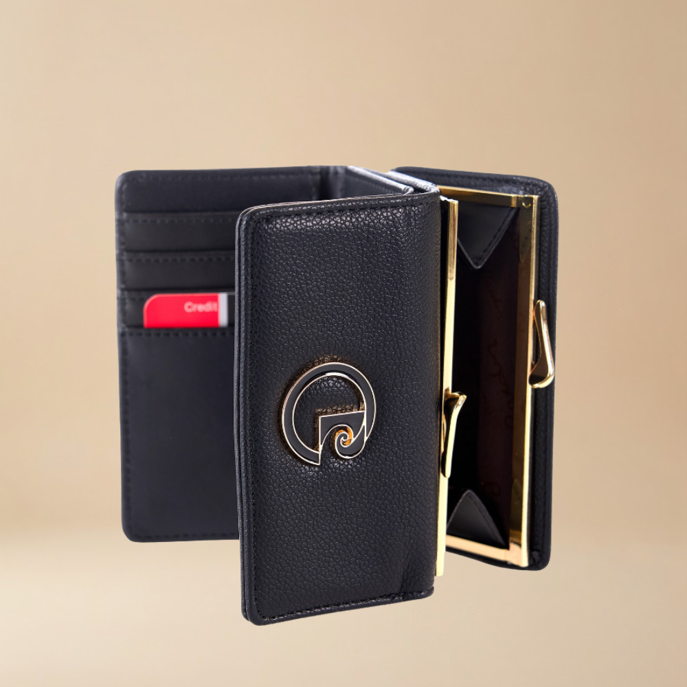 Pierre Cardin black pebbled eco leather wallet shown open to display its interior, featuring a gold-tone metal frame, a circular metal logo emblem on the front, and card slots - Skai Skai Malta