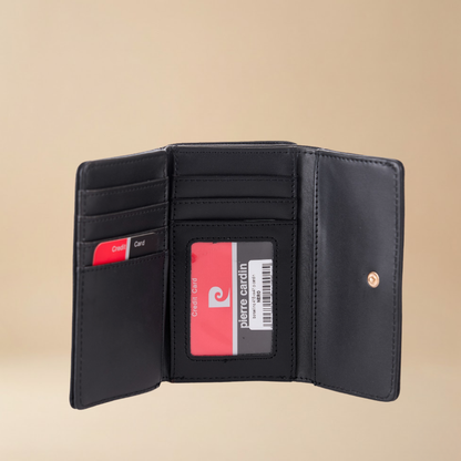 Pierre Cardin black leather bi-fold wallet displaying its interior card slots, ID window, and cardholder compartments - Skai Skai Malta