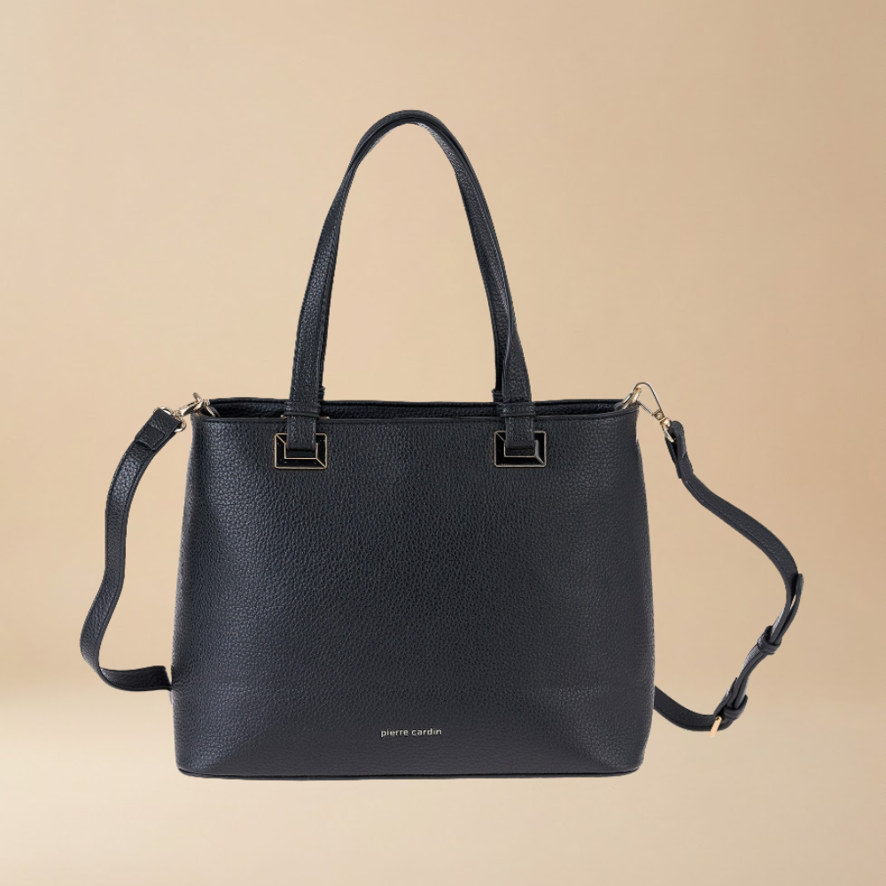 Pierre Cardin structured black pebbled eco leather tote bag with dual top handles and detachable strap - Skai Skai Malta