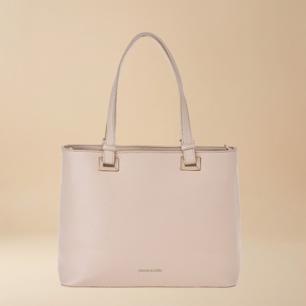 Pierre Cardin structured beige pebbled eco leather tote bag with dual top handles and small gold-tone hardware - Skai Skai Malta
