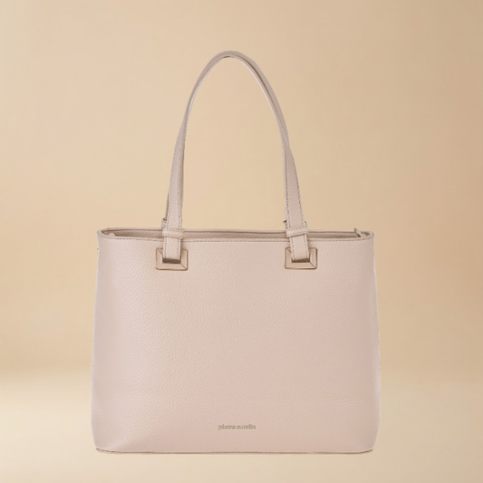 Pierre Cardin structured beige pebbled eco leather tote bag with dual top handles and small gold-tone hardware - Skai Skai Malta