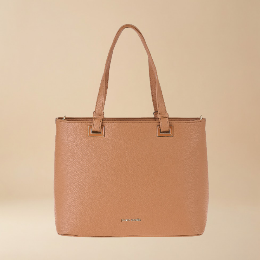 Pierre Cardin structured tan pebbled eco leather tote bag with dual top handles and small gold-tone hardware - Skai Skai Malta