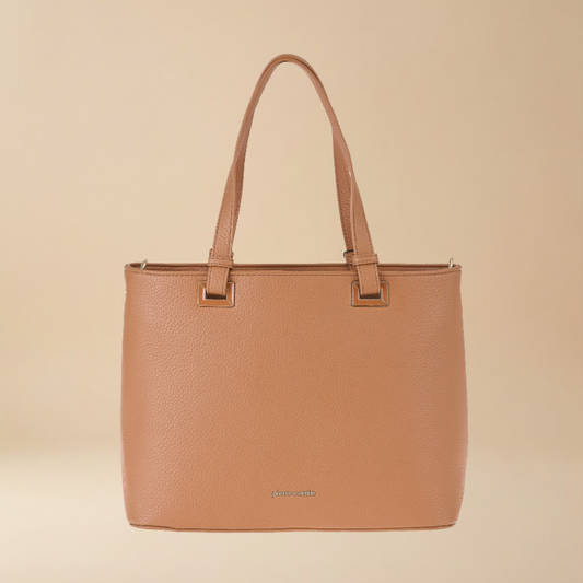 Pierre Cardin structured tan pebbled eco leather tote bag with dual top handles and small gold-tone hardware - Skai Skai Malta