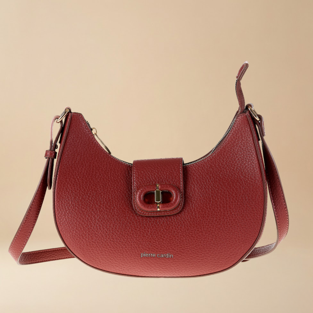 Pierre Cardin red pebbled leather crescent shoulder bag with a front flap and gold-tone hardware for everyday and going out - Skai Skai Malta