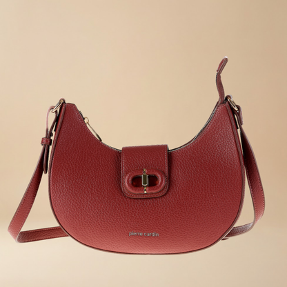 Pierre Cardin red pebbled leather crescent shoulder bag with a front flap and gold-tone hardware for everyday and going out - Skai Skai Malta
