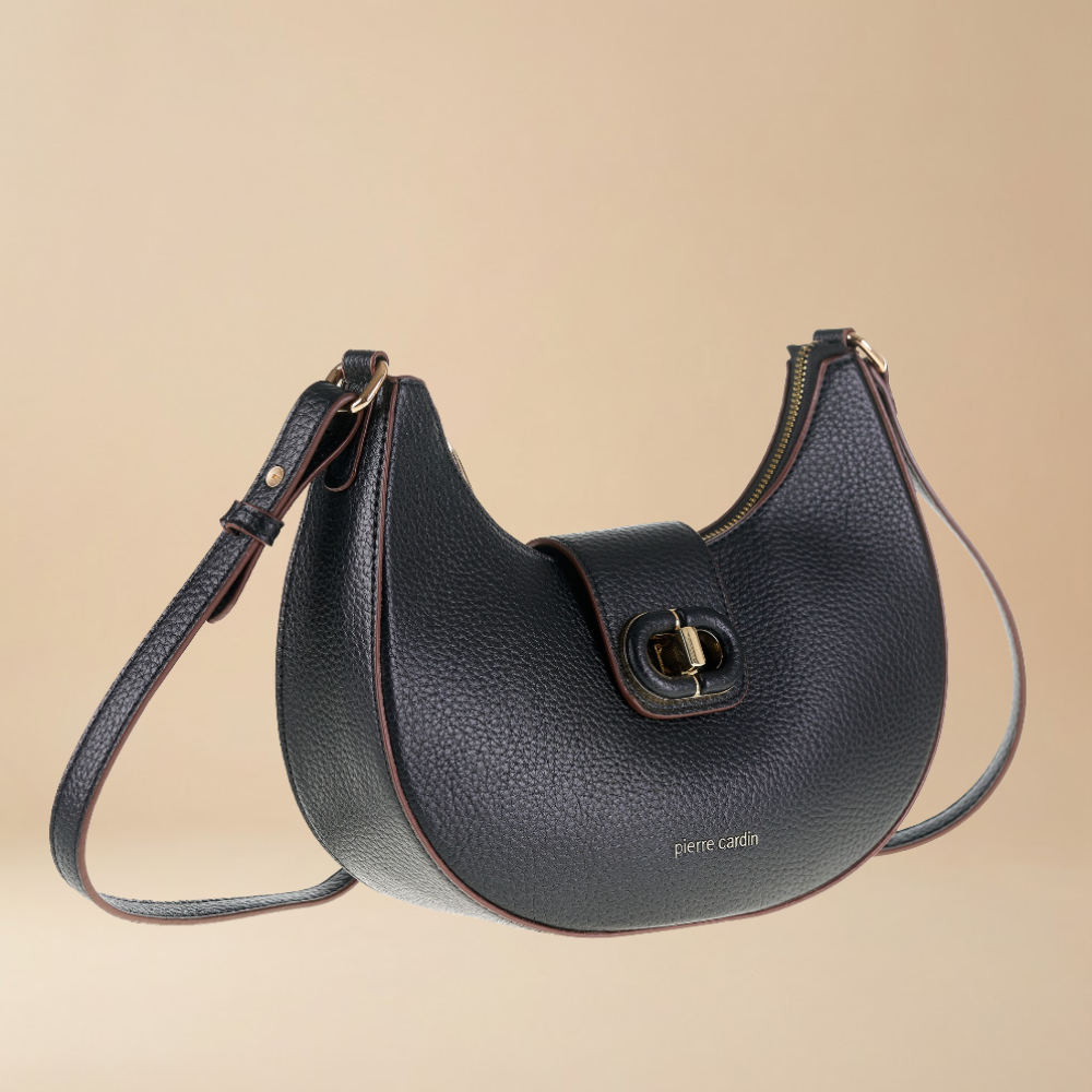 Pierre Cardin black pebbled leather crescent shoulder bag with a front flap and gold-tone hardware for everyday and going out - Skai Skai Malta