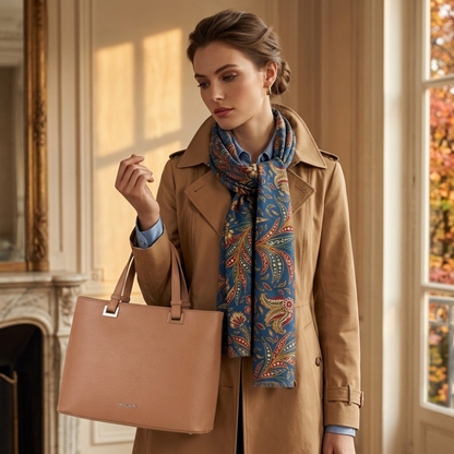 A woman in a tan trench coat and blue scarf carries a Pierre Cardin tan eco leather tote bag - Skai Skai Malta