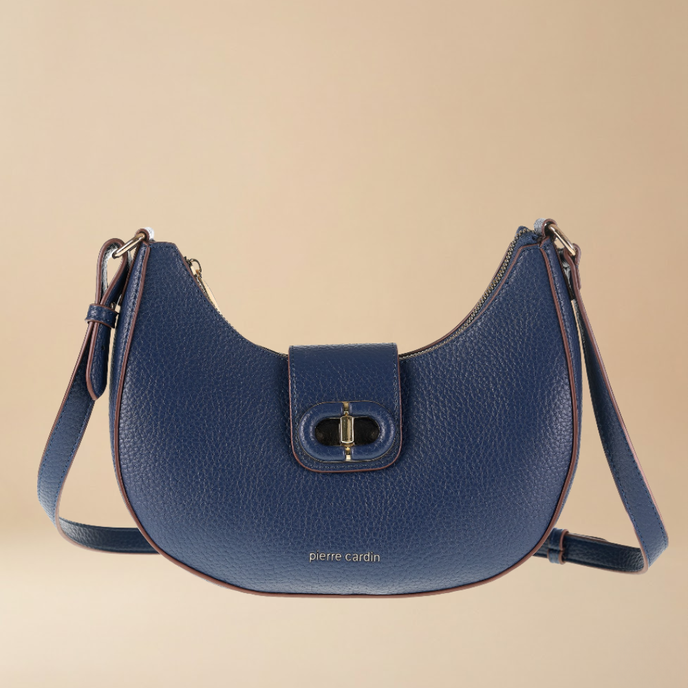 Pierre Cardin blue pebbled leather crescent shoulder bag with a front flap and gold-tone hardware for everyday and going out - Skai Skai Malta