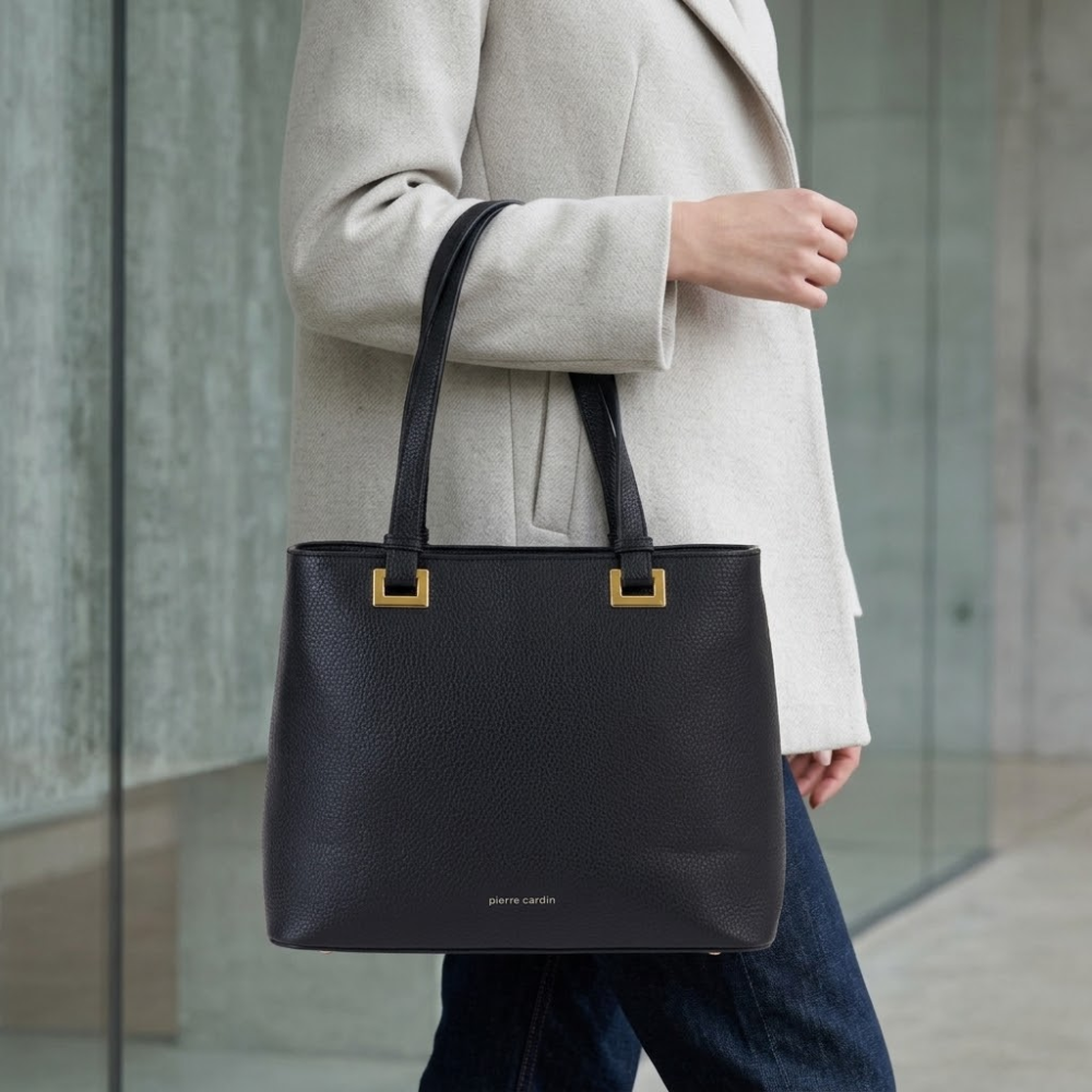 Pierre Cardin structured black pebbled eco leather tote bag with dual top handles and small gold-tone hardware - Skai Skai Malta.