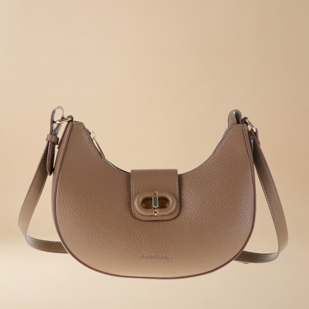 Pierre Cardin taupe pebbled leather crescent shoulder bag with a front flap and gold-tone hardware for everyday and going out - Skai Skai Malta