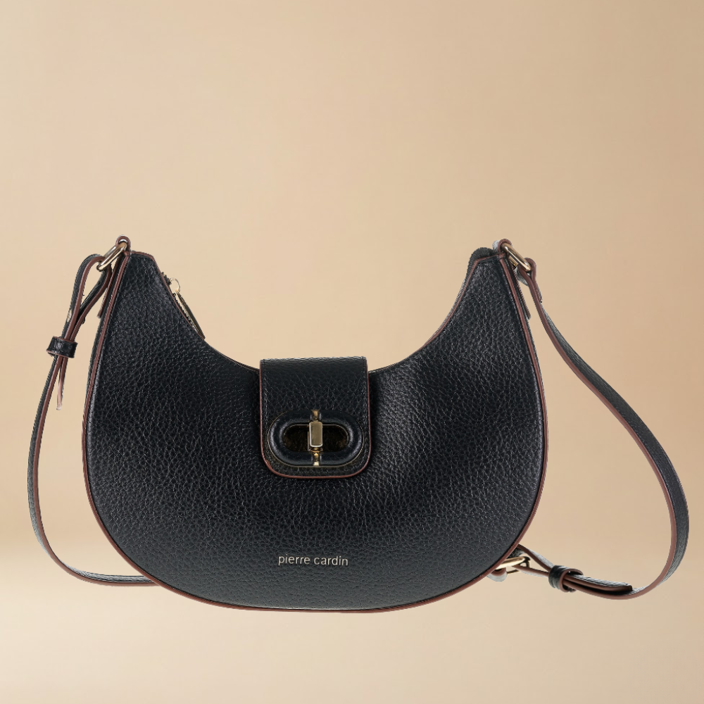 Pierre Cardin black pebbled leather crescent shoulder bag with a front flap and gold-tone hardware for everyday and going out - Skai Skai Malta