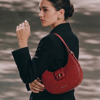 Pierre Cardin red pebbled leather crescent shoulder bag with a front flap and gold-tone hardware for everyday and going out - Skai Skai Malta