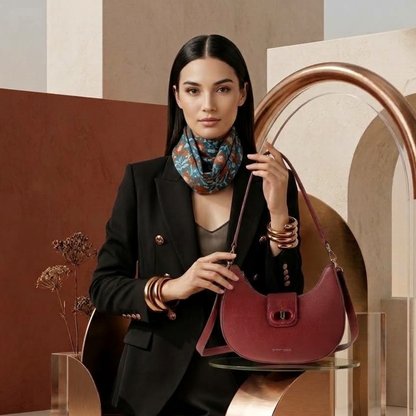 A woman in a black blazer and cotton patterned scarf holds a burgundy crescent shoulder bag with a gold-tone clasp - Skai Skai Malta