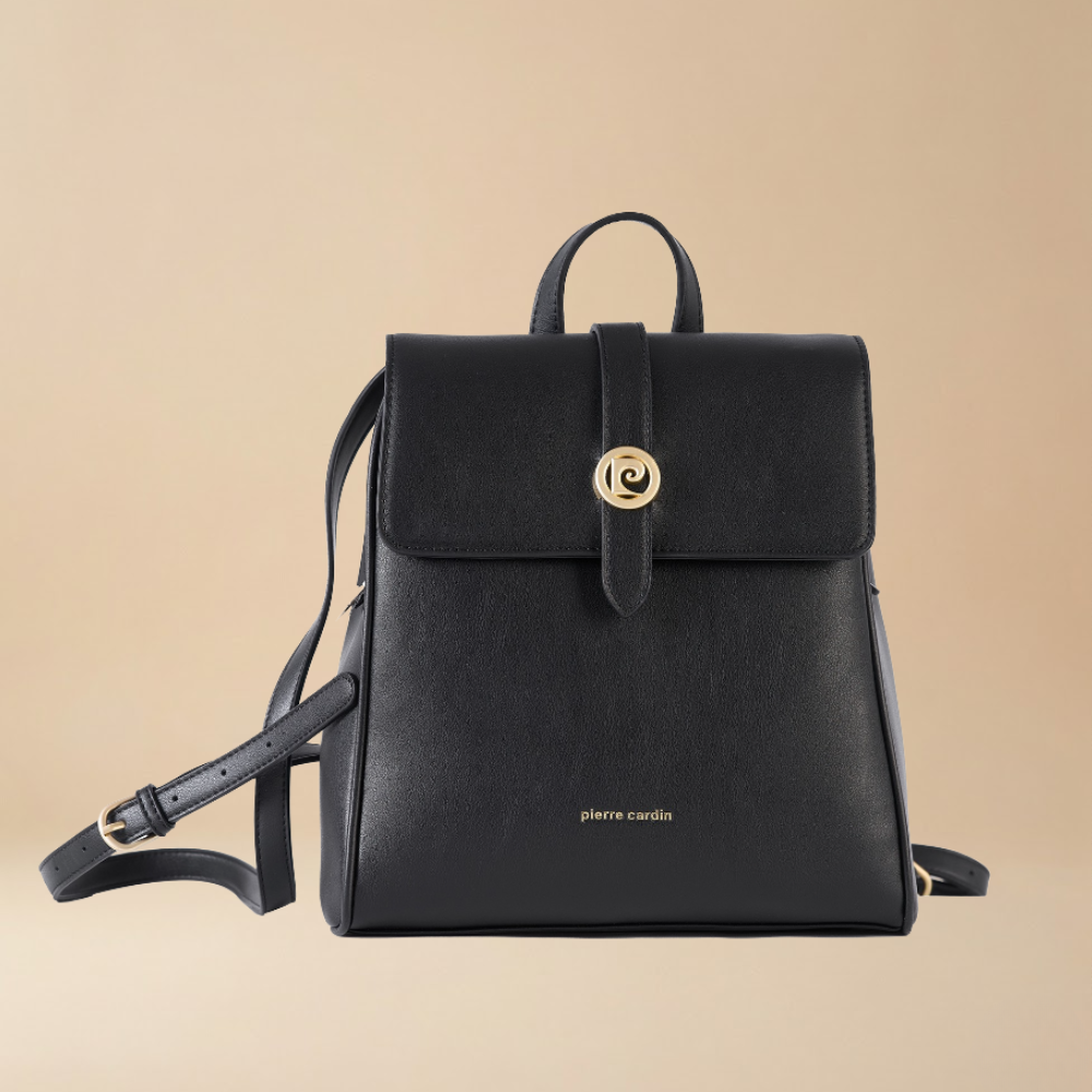 Pierre Cardin black eco leather backpack featuring a front flap with a gold-tone logo and a top handle - Skai Skai Malta