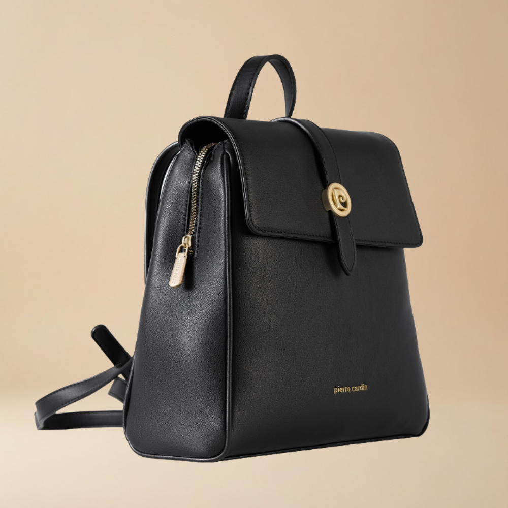 Pierre Cardin black eco leather backpack featuring a front flap with a gold-tone logo and a top handle - Skai Skai Malta