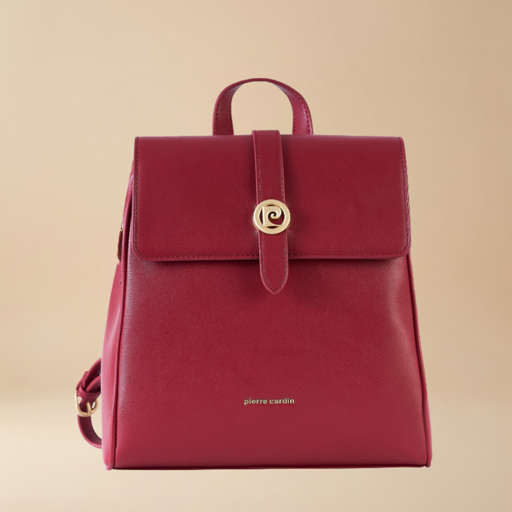 Pierre Cardin burgundy eco leather backpack featuring a front flap with a gold-tone logo and a top handle - Skai Skai Malta