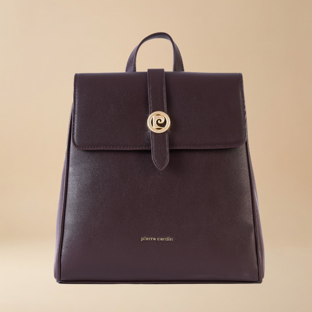 Pierre Cardin dark brown eco leather backpack featuring a front flap with a gold-tone logo and a top handle - Skai Skai Malta