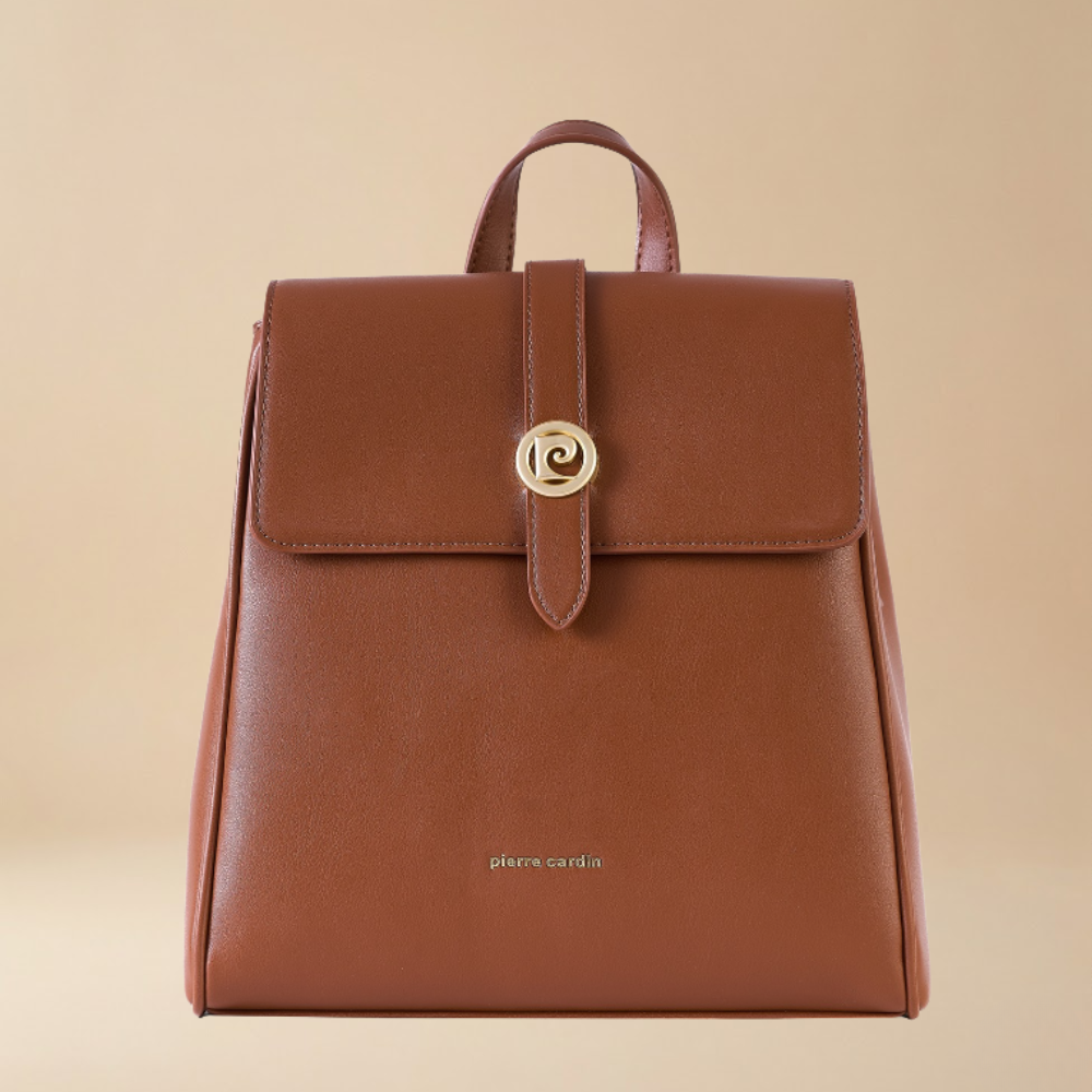 Pierre Cardin tan brown eco leather backpack featuring a front flap with a gold-tone logo and a top handle - Skai Skai Malta