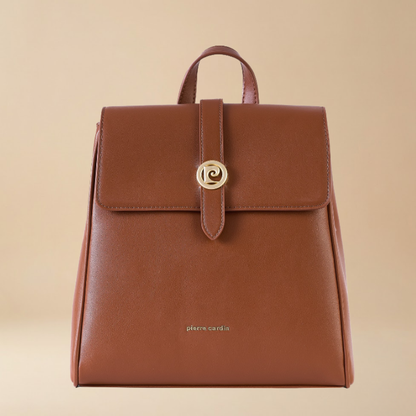 Pierre Cardin tan brown eco leather backpack featuring a front flap with a gold-tone logo and a top handle - Skai Skai Malta