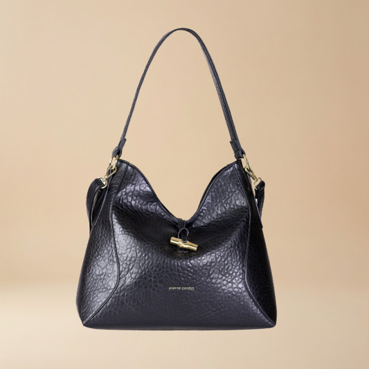 Pierre Cardin black spacious pebbled leather shoulder bag with gold-tone hardware and a small gold logo on the front- Skai Skai Malta