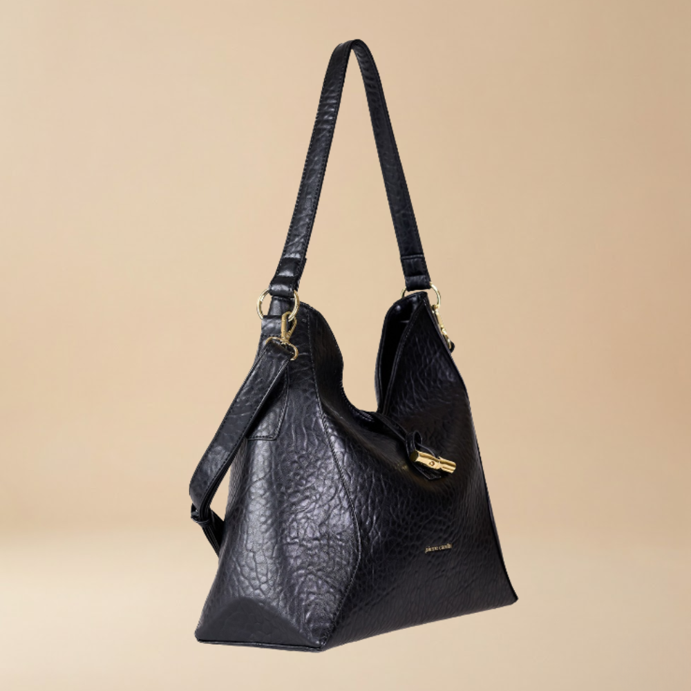 Pierre Cardin black spacious pebbled leather shoulder bag with gold-tone hardware and a small gold logo on the front- Skai Skai Malta