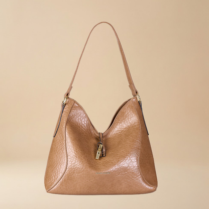 Pierre Cardin tan brown spacious pebbled leather shoulder bag with gold-tone hardware and a small gold logo on the front- Skai Skai Malta