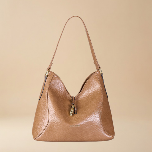 Pierre Cardin tan brown spacious pebbled leather shoulder bag with gold-tone hardware and a small gold logo on the front- Skai Skai Malta