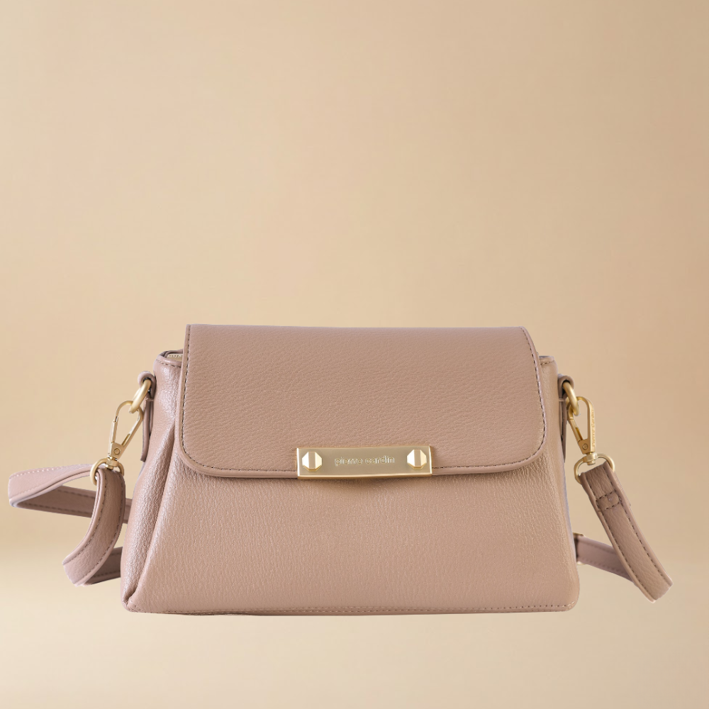 Pierre Cardin taupe pebbled leather crossbody handbag with a gold-tone metal logo plate - Skai Skai Malta