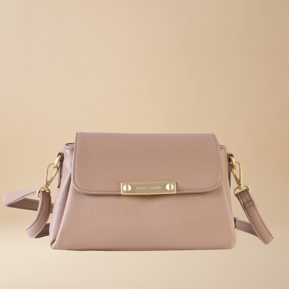 Pierre Cardin taupe pebbled leather crossbody handbag with a gold-tone metal logo plate - Skai Skai Malta