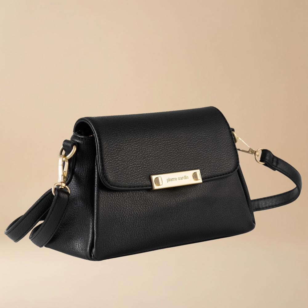 Pierre Cardin black pebbled leather crossbody handbag with a gold-tone metal logo plate - Skai Skai Malta