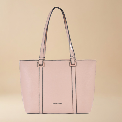 Pink handbag  totebag with a visible brand name on a beige background