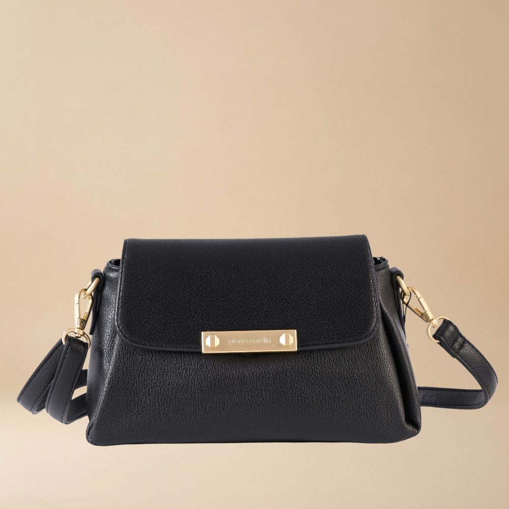 Pierre Cardin black pebbled leather crossbody handbag with a gold-tone metal logo plate - Skai Skai Malta