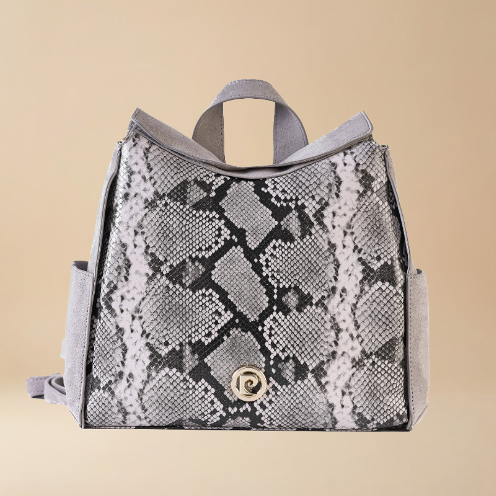 Pierre Cardin structured backpack featuring a gray and black snakeskin pattern on the front panel, with light gray suede side panels and top handles, and a small gold logo medallion on the front. - Skai Skai Malta