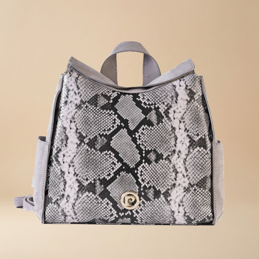 Pierre Cardin structured backpack featuring a gray and black snakeskin pattern on the front panel, with light gray suede side panels and top handles, and a small gold logo medallion on the front. - Skai Skai Malta