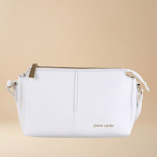 White small crossover handbag with gold accents.