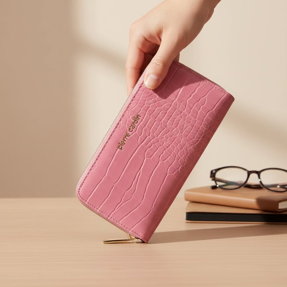 Pierre Cardin spacious pink crocodile-embossed zip-around wallet - Skai Skai Malta