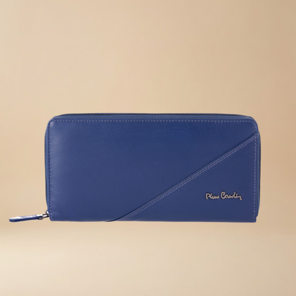 Pierre Cardin blue genuine leather zip-around wallet with a diagonal stitched detail - Skai Skai Malta